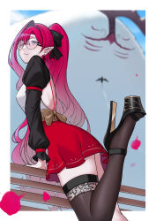  backless_shirt baobhan_sith_(fate) bbk_(13zk) black_sleeves blue_sky blush breasts brown_thighhighs cernunnos_(fate) earrings fate/grand_order fate_(series) female glasses grey_eyes high_heels highres jewelry large_breasts long_hair long_sleeves looking_at_viewer pink_hair pointy_ears ponytail red_skirt round_eyewear shirt sidelocks skirt sky smile solo_focus thighhighs thighs white_shirt 