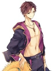  1boy atelier_(series) atelier_lulua black_eyes black_jacket black_male_swimwear brown_hair closed_mouth commentary_request cowboy_shot ficus_finis ficus_finis_(coastal_trickster) hand_on_own_hip hat highres holding holding_hat holding_unworn_clothes jacket jewelry karasumi_(aiseec) long_sleeves looking_at_viewer male_focus male_swimwear necklace official_alternate_costume open_clothes open_jacket pants short_hair simple_background smile solo standing white_background 