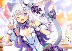  ;d animal_ear_fluff animal_ears bare_shoulders blush bottle bow braid breasts cat_ears cat_girl cat_tail cleavage commentary_request commission female food frilled_skirt frilled_sleeves frills grey_hair hairbow hands_up hat holding holding_microphone indie_virtual_youtuber kou_hiyoyo long_hair looking_at_viewer medium_breasts microphone mini_hat mini_top_hat nekome_shia oerba_yun_fang one_eye_closed plaid_clothes plaid_skirt plaid_vest plate pleated_skirt puffy_short_sleeves puffy_sleeves purple_bow purple_eyes purple_skirt purple_vest short_sleeves skeb_commission skirt smile solo table tail tilted_headwear top_hat very_long_hair vest virtual_youtuber white_hat white_sleeves wrist_cuffs 