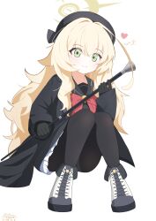  15953210290 absurdres bad_source black_coat black_gloves black_skirt blonde_hair blue_archive blush coat female full_body gloves green_eyes halo hat heart highres holding holding_staff long_sleeves looking_at_viewer pantyhose professor_niyaniya_(blue_archive) red_ribbon ribbon shoes simple_background skirt smile sneakers staff uniform white_background 