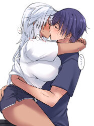  1boy absurdres alternate_costume alternate_hairstyle black_shirt black_shorts blush breasts closed_eyes commentary_request dark-skinned_female dark_skin female from_side hair_down hand_on_another&#039;s_ass heart highres hug kantai_collection kissing large_breasts long_hair mashiro_yukiya musashi_(kancolle) profile purple_hair shirt short_shorts short_sleeves shorts simple_background sound_effects spoken_heart straight sweat translation_request white_background white_hair white_shirt 