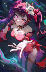  bare_shoulders black_gloves blush breasts cleavage commentary_request female flower-shaped_pupils flower_tattoo foreshortening fox_mask gloves halterneck hands_up highres honkai:_star_rail honkai_(series) long_hair looking_at_viewer mask mask_on_head medium_breasts mismatched_pupils outstretched_arm pamipamu single_glove smile solo sparkle_(honkai:_star_rail) symbol-shaped_pupils tattoo thighs twintails 