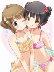  2girls ahoge alternate_hairstyle bare_shoulders bikini black_hair blue_bow blue_eyes blue_innertube blush border bow bow_bikini breasts brown_eyes brown_hair cheek-to-cheek cleavage closed_mouth collarbone cowboy_shot dot_nose double_bun flat_chest flower frilled_bikini frills hair_bobbles hair_bun hair_flower hair_ornament heads_together heart highres holding holding_swim_ring idolmaster idolmaster_million_live! idolmaster_million_live!_theater_days layered_bikini looking_at_viewer mini39mame multiple_girls nakatani_iku navel one_eye_closed pink_background pink_bikini pink_bow plaid_bikini plaid_clothes round_border short_hair small_breasts smile standing suou_momoko swim_ring swimsuit wavy_hair white_border white_flower yellow_bikini yellow_innertube 