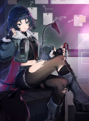  absurdres animal_ears black_gloves black_hair black_shorts blunt_bangs brown_pantyhose brown_thighhighs chalkboard closed_mouth crossed_legs female fingerless_gloves fingernails fur-trimmed_jacket fur_trim gloves green_jacket highres holding holding_weapon indoors jacket jane_doe_(zenless_zone_zero) mouse_ears mouse_girl mouse_tail multicolored_hair nail_polish pantyhose red_hair red_nails shorts sidelocks single_leg_pantyhose single_thighhigh smile solo soni8281 tail thighhighs torn_clothes torn_pantyhose torn_thighhighs two-tone_hair weapon zenless_zone_zero 