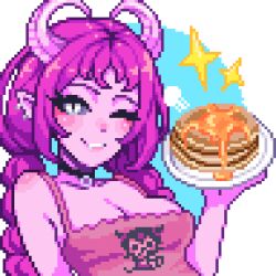  aseprite_(medium) blush braid breasts cleavage colored_skin earrings female food holding holding_plate horns jewelry long_hair looking_at_viewer medium_breasts multiple_earrings one_eye_closed original pancake pancake_stack pink_hair pink_skin pixel_art plate pointy_ears simple_background slit_pupils solo sparkle twin_braids white_background white_eyes yumykon 