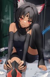  :3 absurdres animal_ears bare_shoulders black_gloves black_hair cat_ears feet female fingerless_gloves forehead_tattoo gloves highres looking_at_viewer nekomiya_mana red_eyes solo steaming_body thomas_8000 toeless_legwear toes zenless_zone_zero 