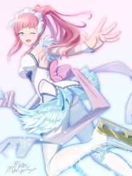  blue_eyes blush breasts feather_trim felicia_(fire_emblem) felicia_(ice)_(fire_emblem) female figure_skating fire_emblem fire_emblem_fates fire_emblem_heroes highres ice_skates leggings looking_at_viewer matoimangekyo official_alternate_costume one_eye_closed open_mouth panties pantyhose pink_hair ponytail signature skates solo underwear white_footwear white_leggings wrist_cuffs 