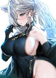  absurdres animal_ear_fluff animal_ears bare_shoulders black_dress black_gloves blue_archive blue_eyes blush breasts cross cross_earrings dress earrings elbow_gloves extra_ears female gloves gold_trim grey_hair halo highres jewelry kazane-wind large_breasts long_hair looking_at_viewer ponytail shiroko_(blue_archive) shiroko_terror_(blue_archive) side_slit sideboob sidelocks solo wolf_ears 