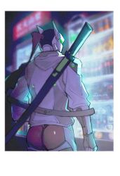  1boy android ass bottle can convenience_store cowboy_shot genji_(overwatch) hayabusa_(tfk5qaq) highres jacket katana long_sleeves overwatch refrigerator shop solo sword sword_on_back weapon weapon_on_back white_jacket 