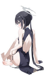  absurdres ass back back_cutout barefoot black_dress black_eyes black_gloves black_hair black_panties blue_archive blush china_dress chinese_clothes clothing_cutout double_bun dress female from_behind gloves hair_bun half_gloves halo highres kisaki_(blue_archive) lace-trimmed_panties lace_trim long_hair looking_at_viewer looking_back neranainerune panties print_dress side-tie_panties simple_background single_half_glove sitting sleeveless soles solo toes twintails underwear untied_panties white_background 