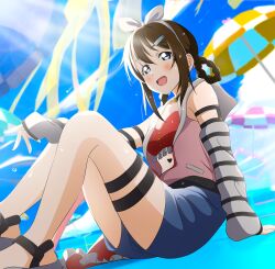  absurdres bikini blue_eyes blue_shorts blue_sky bow_hairband braided_hair_rings breasts brown_hair cleavage commentary female foot_out_of_frame hair_between_eyes hair_ornament hairband hairclip highres jacket kujo_awenn love_live! love_live!_nijigasaki_high_school_idol_club love_live!_nijigasaki_high_school_idol_club_kanketsu-hen medium_breasts midriff official_alternate_costume official_alternate_hairstyle osaka_shizuku pink_jacket red_bikini short_shorts shorts sidelocks sky sleeveless sleeveless_jacket sleeves_past_wrists solo striped_arm_warmers swimsuit white_arm_warmers white_hairband 