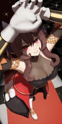  absurdres animal_ears arms_up atyattyan breasts brown_hair cleavage collarbone commentary_request detached_sleeves female gentildonna_(umamusume) gloves hair_between_eyes hair_ornament hair_rings highres horse_girl large_breasts looking_at_viewer red_eyes shaded_face shoes solo standing thighhighs tile_floor tiles umamusume 