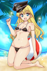  ball beach bikini black_bikini blonde_hair blue_eyes blush breasts daiteikoku hat laughing medium_breasts non-web_source ocean retia_adolf swimsuit 