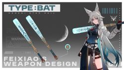  absurdres animal_ear_fluff animal_ears aqua_shirt baseball_bat belt black_gloves black_shirt blue_hair breasts coat copyright_name cowboy_shot crescent_moon english_text feixiao_(honkai:_star_rail) female fox_ears fox_girl gloves grey_coat grey_hair hand_up hashtag-only_commentary highres holding holding_baseball_bat honkai:_star_rail honkai_(series) long_hair long_sleeves medium_breasts moon multicolored_hair parted_bangs red_gloves rity shirt sleeveless sleeveless_shirt solo thigh_strap two-tone_gloves very_long_hair 