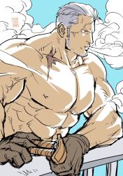  1boy abs bara beard_stubble cigar commentary_request dated facial_hair gloves holding holding_cigar kokorozashi large_pectorals male_focus mature_male nipples one_piece pectorals portable_ashtray scar scar_on_face sideburns smoke smoker_(one_piece) smoking solo stubble upper_body white_hair 