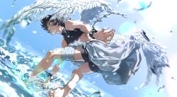  absurdres angel_wings bandaid barefoot black_hair black_shorts breasts chained_wrists chains commentary crop_top feathers female green_eyes highres marui_(fxxstate_ofmind) ocean original shorts sleeveless soles splashing underboob water_drop white_feathers white_wings wings 