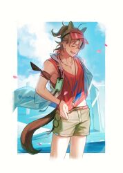  1boy animal_ears arknights armpits aynoh blue_sky border brown_hair brown_shorts cat_boy cat_ears cat_tail closed_eyes commentary cropped_legs hat highres holding holding_surfboard jacket jewelry male_focus necklace ocean open_mouth pectorals red_hat red_tank_top red_visor short_hair short_ponytail shorts sky sleeveless sleeveless_jacket smile solo stainless_(arknights) stainless_(beach_guard)_(arknights) surfboard tail tank_top twitter_username visor_cap white_jacket 