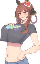  breasts brown_hair commentary_request crop_top crop_top_overhang female gentildonna_(umamusume) highres himuraanzu horse_girl large_breasts looking_at_viewer midriff navel open_mouth smile solo uma_summer_(umamusume) umamusume 