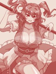  :d breasts cleavage coin collarbone commentary dress female hair_bobbles hair_ornament hashtag-only_commentary large_breasts looking_at_viewer lowres monochrome necoyngwie obi onozuka_komachi open_mouth sash short_sleeves simple_background smile solo touhou two_side_up upper_body 