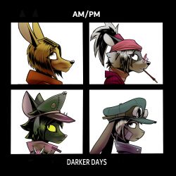  1:1 absurd_res album_cover anthro black_body black_fur brown_body brown_fur clothed clothed_anthro clothed_female clothing cover deer demon_days domestic_cat eyewear felid feline felis female female_anthro fur gatonejo glasses goggles_on_headwear gorillaz grey_body grey_fur group hair hi_res jacket lagomorph leporid looking_aside mammal mono_(gatonejo) pink_clothing pink_eyewear pink_glasses pink_jacket pink_pupils pink_topwear ponytail procyonid pupils rabbit raccoon round_glasses short_hair simple_background spikes text topwear white_background yellow_eyes yellow_pupils 