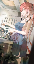  absurdres apron armpit_crease black_bow blue_apron bow braid breasts bright_pupils changli_(wuthering_waves) chopsticks cleavage collarbone commentary cooking female from_side hair_extensions hairbow highres holding holding_chopsticks holding_pan indoors kitchen large_breasts long_hair looking_at_viewer multicolored_hair naked_apron pink_hair ponytail revision ryeon_(bluetom1) sideboob sidelocks smile solo twin_braids two-tone_hair very_long_hair white_hair white_pupils wuthering_waves yellow_eyes 