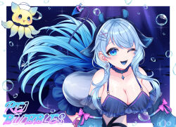  bent_over black_hair blue_bow blue_eyes blue_hair blue_tongue bow breasts bubble character_name collarbone colored_tongue commentary earrings english_commentary female fish hair_ornament highres hujie indie_virtual_youtuber jewelry large_breasts long_hair manta_ray_girl mole mole_on_breast mole_under_eye multicolored_hair one_eye_closed pink_bow purple_bow rei_stingray school_of_fish star-shaped_pupils star_(symbol) symbol-shaped_pupils tail tail_bow tail_ornament two-tone_bow two-tone_hair virtual_youtuber 