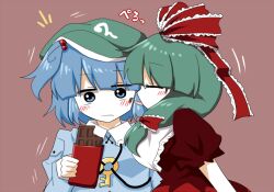  2girls blue_eyes blue_hair bow chocolate food frills front_ponytail green_hair holding holding_chocolate holding_food kagiyama_hina kawashiro_nitori licking multiple_girls red_bow rokunen tongue tongue_out touhou two_side_up upper_body yuri 