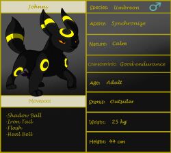  2016 3_toes bandana black_body black_fur black_nose character_name colored digital_media_(artwork) eeveelution english_text fan_character feet feral fur fur_markings gender_symbol generation_2_pokemon half-closed_eyes hi_res johnny_(looweezah) kerchief looweezah maktub_fanclub male markings model_sheet moveset narrowed_eyes nintendo orange_eyes pokemon pokemon_(species) purple_bandanna purple_kerchief quadruped raised_leg shaded simple_shading solo standing stated_adult stated_age stated_height stated_weight symbol text toes umbreon yellow_markings 