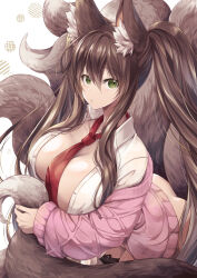  animal_ear_fluff animal_ears ass breasts brown_hair cardigan commission cowboy_shot dress_shirt female fox_ears fox_girl fox_tail green_eyes hand_on_own_tail highres large_breasts long_hair looking_at_viewer multiple_tails necktie no_bra no_panties open_clothes open_shirt original pink_cardigan plushmallow red_necktie shirt simple_background skeb_commission solo tail unbuttoned very_long_hair white_shirt yue_(lov_n_n) 