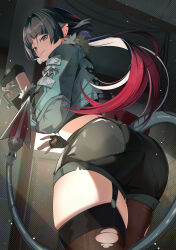  absurdres animal_ears ass black_gloves black_shorts blunt_bangs brown_pantyhose brown_thighhighs closed_mouth cowboy_shot female fingerless_gloves from_behind from_side gloves green_eyes green_hair high-waist_shorts highres jane_doe_(zenless_zone_zero) long_hair looking_at_viewer looking_back mikami_michael mouse_ears mouse_girl mouse_tail multicolored_hair pantyhose red_hair shorts sidelocks single_leg_pantyhose single_thighhigh smile solo tail thighhighs thighs torn_clothes torn_pantyhose torn_thighhighs two-tone_hair zenless_zone_zero 