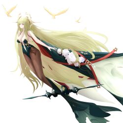  absurdly_long_hair absurdres azur_lane bare_shoulders breasts brown_pantyhose center_opening cleavage clothing_cutout collarbone dress dress_flower female flower flying full_body green_dress green_hair hair_branch hair_ornament highres junwu large_breasts long_hair napoli_(azur_lane) navel_cutout pantyhose red_eyes simple_background solo strapless strapless_dress very_long_hair white_background white_flower yellow_bird 