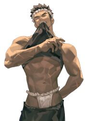  1boy abs absurdres bara black_tank_top brown_eyes brown_hair clothes_in_mouth clothes_lift clothes_pull cowboy_shot fundoshi headband highres japanese_clothes male_focus male_underwear ming_feng_(disx_sleep) mouth_hold muscular muscular_male navel one_eye_closed original pants pants_pull pectorals shirt_in_mouth shirt_lift short_hair simple_background solo tank_top teeth underwear white_background white_headband white_male_underwear 