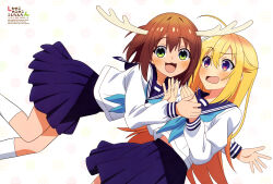  2girls absurdres ahoge antlers aqua_neckerchief blonde_hair blue_neckerchief blue_sailor_collar blush brown_hair clothes_lift deer deer_antlers deer_girl highres horns jpeg_artifacts koshi_torako long_hair long_sleeves multiple_girls neckerchief noda_yasuyuki official_art open_mouth purple_eyes sailor_collar scan school_uniform serafuku shikanoko_noko shikanoko_nokonoko_koshitantan shirt short_hair skirt skirt_lift smile white_shirt 