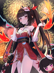  absurdres bare_shoulders bell black_choker black_gloves black_sash breasts brown_hair butterfly-shaped_pupils choker cowboy_shot cpk_prd criss-cross_halter dress female finger_to_mouth fireworks fish flower_tattoo fox_mask gloves halterneck highres honkai:_star_rail honkai_(series) long_hair looking_at_viewer mark_under_both_eyes mask mask_on_head neck_bell pink_eyes red_dress red_nails red_sleeves sash single_glove smile solo sparkle_(honkai:_star_rail) symbol-shaped_pupils tattoo twintails 