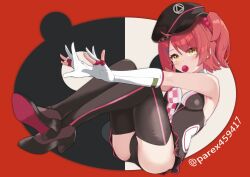  artist_name black_footwear black_hat black_thighhighs blush breasts candy chinese_commentary elbow_gloves female food food_in_mouth girls&#039;_frontline girls&#039;_frontline_2:_exilium gloves hair_ornament hairpin hat high_heels highres lollipop looking_at_viewer mp7_(girls&#039;_frontline) multicolored_leotard multiple_hairpins official_alternate_costume one_side_up parex_(vpnn8573) partially_fingerless_gloves pink_hair race_queen red_background shoes short_hair simple_background sitting solo striped_clothes striped_thighhighs thighhighs twitter_username white_gloves yellow_eyes zipper 