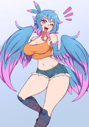  absurdres animal_ears artist_name bare_shoulders bird_ears bird_legs blue_feathers blue_hair blue_tail blue_wings blush body_freckles breasts cleavage commentary cutoffs denim denim_shorts english_commentary feathered_wings feathers female freckles gradient_background grey_background harpy highres large_breasts long_tongue medium_hair midriff monster_girl multicolored_hair navel notice_lines one_eye_closed orange_tank_top original pink_eyes pink_feathers pink_hair pink_wings shorts solo tank_top the_scarlet_devil tongue tori_(bird_maiden) two-tone_hair two-tone_tail two-tone_wings very_long_tongue winged_arms wings 