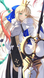  ahoge armor armored_dress artoria_caster_(fate) artoria_caster_(third_ascension)_(fate) artoria_pendragon_(fate) black_gloves black_thighhighs blonde_hair blue_ribbon blush breastplate breasts capelet crown dress facial_mark fate/grand_order fate_(series) faulds female forehead_mark fur-trimmed_capelet fur_trim gloves green_eyes hair_ribbon highres long_hair long_sleeves looking_at_viewer marmyadose_(fate) polearm ribbon small_breasts smile solo spear thighhighs thighs twintails umi_endu weapon white_capelet white_dress wide_sleeves 