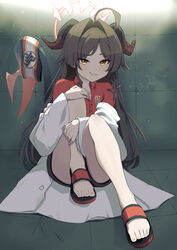  :d absurdres ass backlighting black_hair black_shorts blue_archive breast_pocket brick_wall collarbone collared_shirt commentary_request demon_girl demon_horns demon_tail female hair_between_eyes halo highres horns hugging_own_legs indoors kasumi_(blue_archive) keke_(user_djyu7823) knee_to_chest knees_up lab_coat long_hair long_sleeves looking_at_viewer pocket prison red_shirt sandals school_uniform shirt short_shorts shorts sidelocks sitting smile solo tail tile_floor tiles toes yellow_eyes 