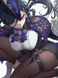  ascot black_hair blue_hair breast_press breasts clorinde_(genshin_impact) corset female genshin_impact gloves hat highres jewelry kneeling large_breasts long_hair pantyhose purple_eyes sakura_no_yoru serious shirt solo tricorne very_long_hair white_gloves white_shirt 