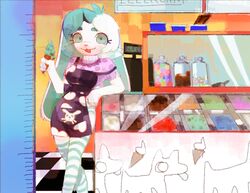  2023 adobe_photoshop_(artwork) anthro apron arm_support breasts candy cash_register clothed clothing container dessert detailed_background digital_media_(artwork) digital_painting_(artwork) dogmasque9999 domestic_rabbit eyebrows eyelashes female female_anthro floppy_ears food hair holding_food holding_ice_cream holding_ice_cream_cone holding_object ice_cream ice_cream_cone ice_cream_parlor inside jar lagomorph leaning_on_elbow legwear leporid looking_at_viewer lop_ears lop_rabbit mammal multicolored_hair open_mouth open_smile oryctolagus pattern_clothing pattern_legwear pattern_shirt pattern_thigh_highs pattern_topwear pink_nose purple_clothing purple_shirt purple_topwear rabbit shaded shirt small_waist smile smiling_at_viewer solo spots spotted_clothing spotted_shirt spotted_topwear striped_clothing striped_legwear striped_thigh_highs stripes teal_eyebrows teal_eyes teal_hair teal_inner_ear thigh_highs topwear two_tone_hair white_hair 