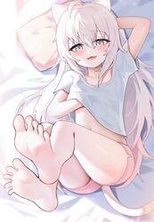  :3 ahoge animal_ear_fluff animal_ears arm_behind_head arm_up barefoot bed blue_eyes blush cat_ears cat_girl cat_tail clothes_lift feet female hand_under_clothes hand_under_shirt highres komi_(trickcal) legs legs_up lifting_own_clothes long_hair lying oerba_yun_fang on_back open_mouth picter pillow pink_shorts shirt shirt_lift short_shorts short_sleeves shorts smile soles solo stomach tail thighs toes trickcal white_hair white_shirt 