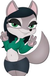  alpha_channel anthro barbara_hannah black_hair black_miniskirt canid canine clothing female fox fur green_clothing green_eyes green_topwear grey_body grey_fur hair hi_res mammal pinky_and_perky solo topwear zinzoa 