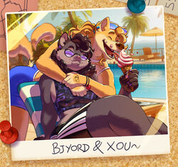  5_fingers anthro beach_chair beach_umbrella biped bjyord_(fursona) black_bottomwear black_clothing black_shorts blue_bottomwear blue_clothing blue_shorts bobtail_cat bottomwear bracelet breasts canid canine canis claws closed_eyes clothed clothing dessert detailed_background domestic_cat domestic_dog duo ear_piercing ear_ring eyewear eyewear_on_head felid feline felis female fingers fishnet_clothing food fully_clothed fur grey_body grey_fur guffaw hair holding_food holding_ice_cream_cone holding_object hug hugging_another hugging_from_behind ice_cream ice_cream_cone jewelry leaning leaning_forward licking_ice_cream male mammal open_mouth outside palm_tree parasol piercing plant polaroid_photo pool reclining ring_piercing shiba_inu shirt shorts sitting sky spitz sunglasses sunglasses_on_head tail tail_motion tailwag tank_top teeth text thumb_tack tongue tongue_out topwear tree wearing_sunglasses yellow_body yellow_fur 