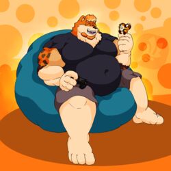  1:1 antennae_(anatomy) anthro arthropod barazoku bean_bag bee belly bumble_beans(fujiyamasamoyed) bumble_bee_(species) canid canine clothing controller duo eyewear feet fluffy fujiyama_samoyed_(artist) fur game_controller glasses hi_res himbo humanoid_feet hybrid hyena hymenopteran insects male male/male mammal maned_wolf micro nano_byte(nanogamer31) overweight overweight_anthro overweight_male plantigrade raccoon_dog simple_background size_difference smile tanuki wings yellow_body 