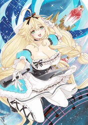  absurdly_long_hair ahoge azur_lane black_bow black_choker black_footwear black_ribbon bow breasts choker cleavage detached_sleeves dress female floating_hair frilled_dress frills full_body fur_trim gloves green_eyes high_heels highres holding holding_microphone large_breasts layered_dress le_temeraire_(azur_lane) le_temeraire_(muse)_(azur_lane) long_hair looking_at_viewer microphone musical_note open_mouth outstretched_arm pantyhose puffy_short_sleeves puffy_sleeves ribbon short_sleeves solo traditional_media uzuharu_(uduharu) very_long_hair white_bow white_dress white_gloves white_pantyhose 