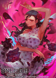  arm_up breasts commentary_request copyright_name cowboy_shot dress female floating_hair flower hair_slicked_back holding holding_clothes holding_dress long_hair nijimaarc official_art one_piece one_piece_card_game purple_flower purple_rose red_eyes rose skirt_hold sleeveless sleeveless_dress solo turtleneck turtleneck_dress viola_(one_piece) 