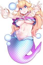  alternate_breast_size bare_shoulders blonde_hair blue_eyes blue_scales bracelet breasts commentary english_commentary female gold_bracelet highres hot_vr jewelry large_breasts lips long_hair looking_at_viewer mario_(series) mermaid mermaid_peach monster_girl navel necklace official_alternate_costume pearl_necklace pink_scales pixiv_username princess_peach princess_peach:_showtime! scales simple_background solo stomach subscribestar_username underboob white_background 