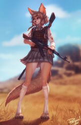  akm alternate_universe ammunition animal_ear_fluff animal_ear_piercing animal_ears artist_name assault_rifle blood blood_on_clothes blue_sky blunt_bangs blurry blurry_background body_armor bolt_action braid brown_eyes brown_hair bulletproof_vest claws clothes_writing collared_shirt commentary day depth_of_field dirty dirty_clothes earrings english_commentary female fox_ears fox_girl fox_tail full_body furry furry_female grass grey_skirt gun gun_on_back gun_sling highres holding holding_gun holding_weapon jewelry kalashnikov_rifle khiara_(personal_ami) kneehighs lips looking_to_the_side mauser_98 on_grass optical_sight original outdoors personal_ami plaid plaid_skirt playerunknown&#039;s_battlegrounds pleated_skirt reflex_sight rifle rifle_cartridge rock savannah shirt short_hair side_braids signature skirt sky sleeves_past_elbows sleeves_rolled_up socks solo standing suppressor tail twin_braids weapon weapon_on_back white_shirt white_socks 