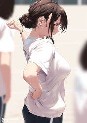  adjusting_hair aya_(jonsun) breasts brown_eyes brown_hair commentary female gym_uniform hair_bun hand_on_own_hip jonsun large_breasts nape original profile shirt single_hair_bun t-shirt 