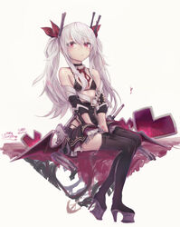  azur_lane bare_shoulders black_bra black_dress blush bra breasts closed_mouth dress eicam female full_body hair_between_eyes hair_ribbon highres long_hair looking_at_viewer red_eyes red_ribbon ribbon sitting small_breasts solo underwear vampire_(azur_lane) very_long_hair white_hair 